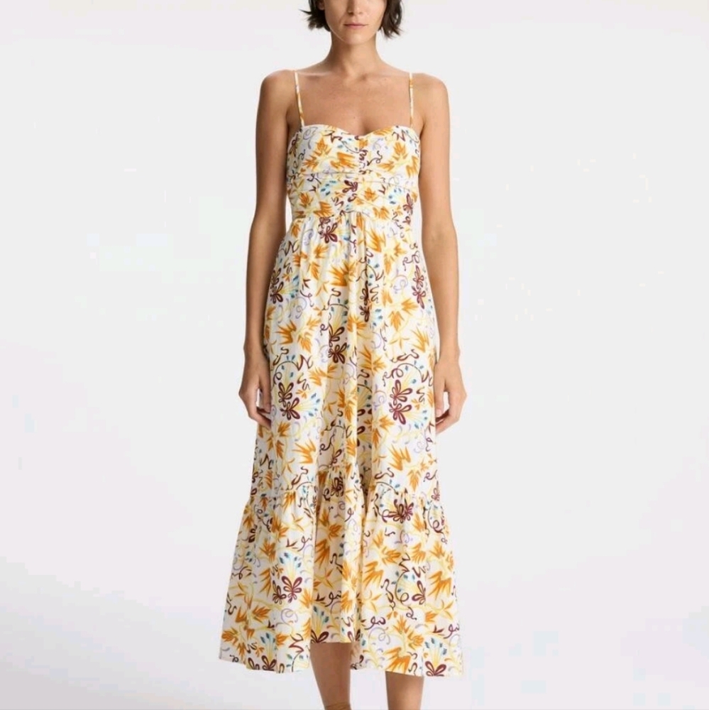 A.L.C‎ A-Line Midi Dress White Multi Lilah Print Flounce Hem Size  0 Boho